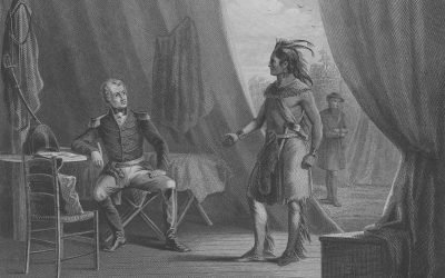 Andrew Jackson sitting in a chair on the left, in a tent, speaking with William Weatherford