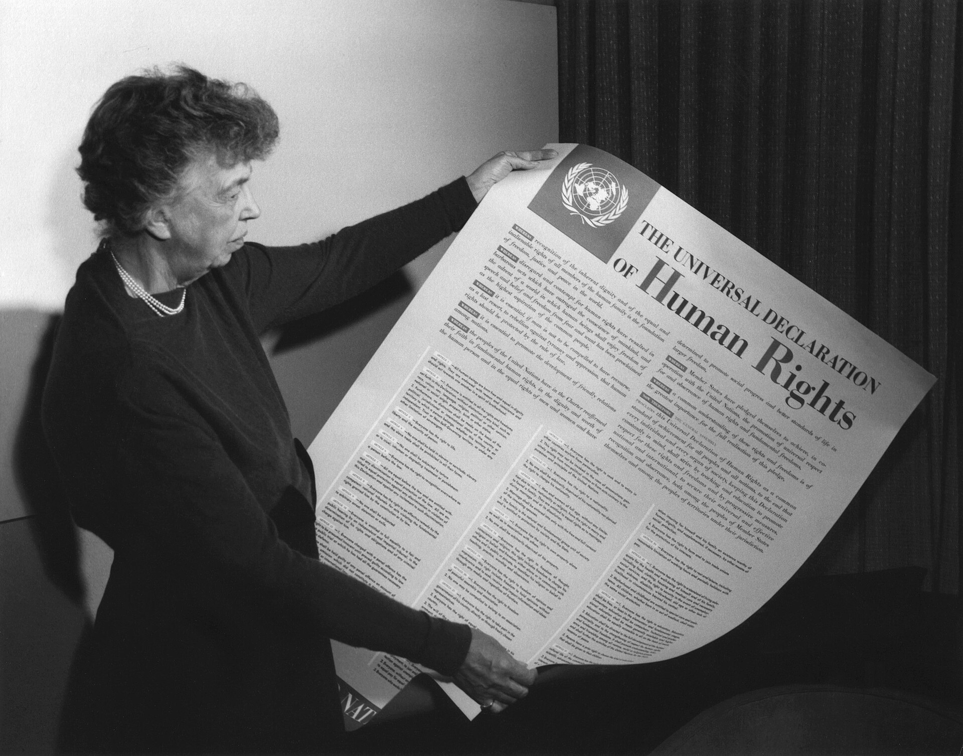 US ambassador to the UN, Eleanor Roosevelt, holding the Universal Declaration of Human Rights in 1949
