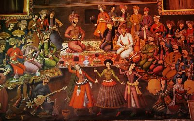 Shah Abbas II holding a banquet for foreign dignitaries.