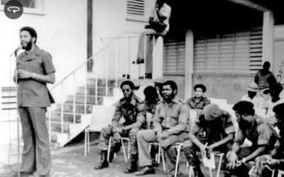 Maurice Bishop at Grenada Revolution assembly.