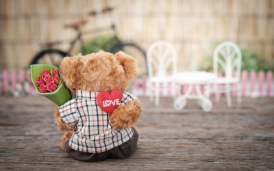 Valentines Day brown bear plush toy holding red rose flower