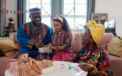 photo of family wrapping gifts