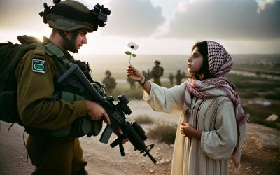 A digitally generated image of a Palestinian woman extending a flower to an Israeli IDF soldier as a gesture of peace.